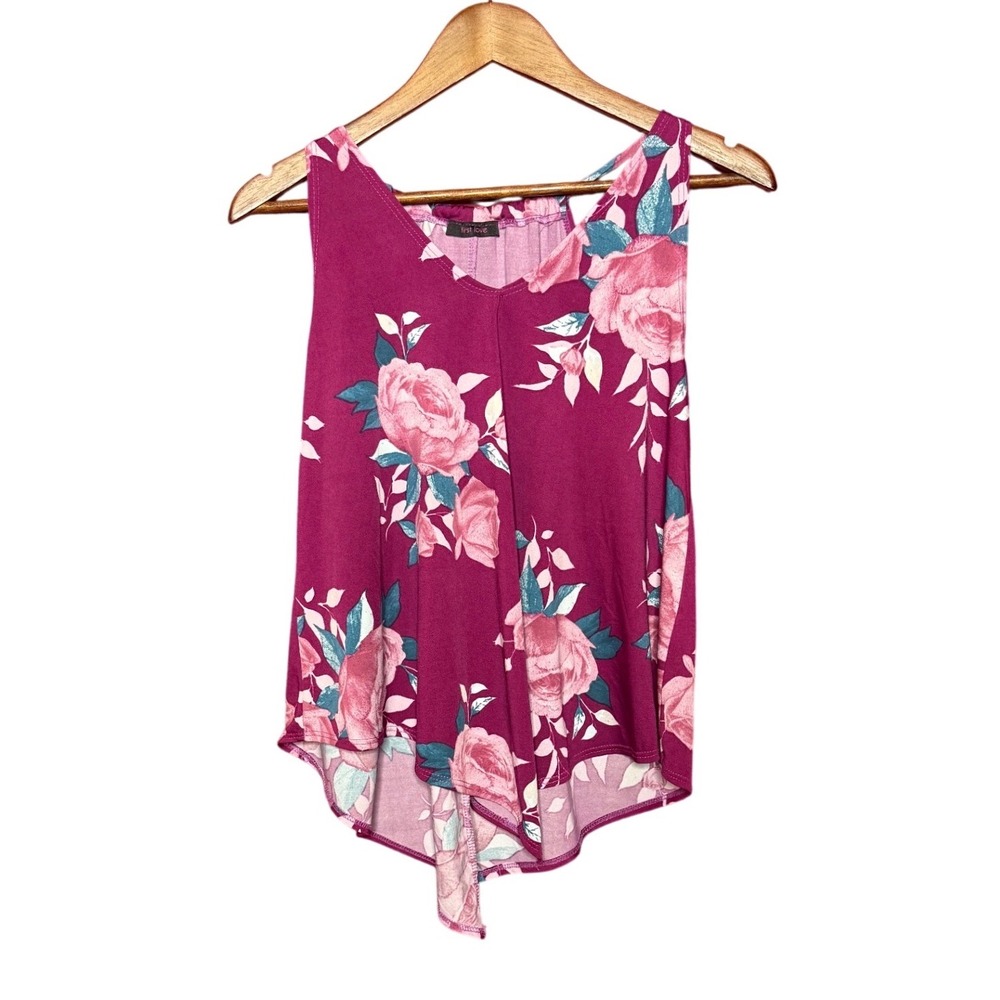 VTG First Love‎ Women Medium Magenta Floral V-Neck High-Low Sleeveless Tank Top